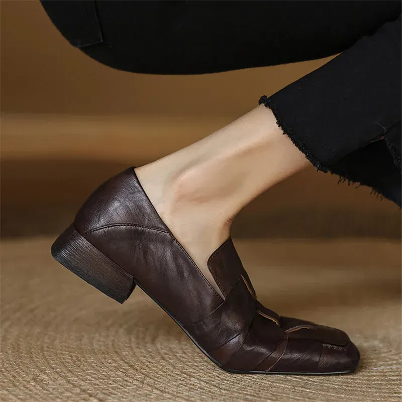 New Autumn Genuine Leather Women Pumps Fashion Square Toe Shoes for Women Chunky Heel Women Loafers Zapatos Mujer Low Heels