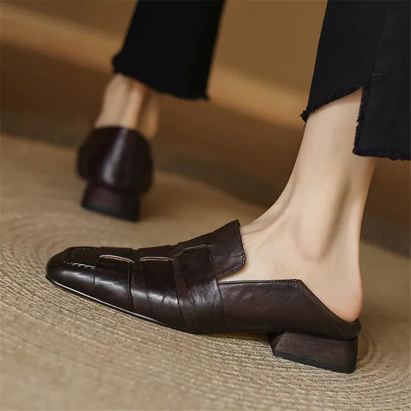 New Autumn Genuine Leather Women Pumps Fashion Square Toe Shoes for Women Chunky Heel Women Loafers Zapatos Mujer Low Heels