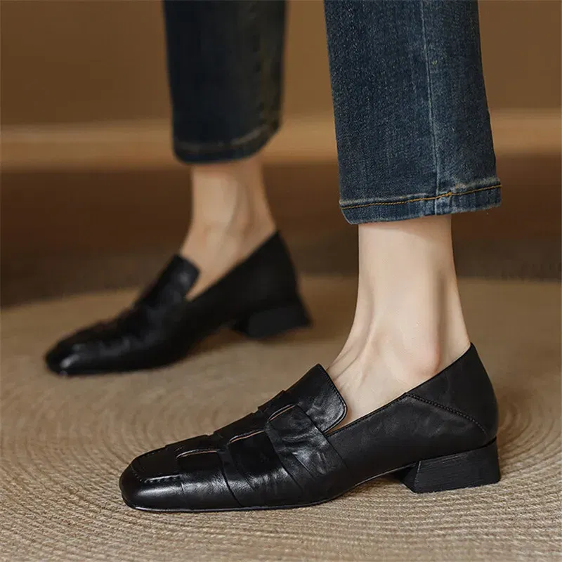 New Autumn Genuine Leather Women Pumps Fashion Square Toe Shoes for Women Chunky Heel Women Loafers Zapatos Mujer Low Heels