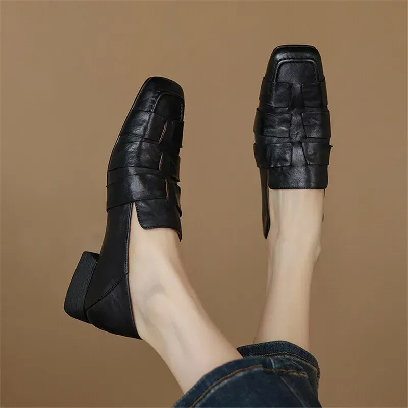 New Autumn Genuine Leather Women Pumps Fashion Square Toe Shoes for Women Chunky Heel Women Loafers Zapatos Mujer Low Heels
