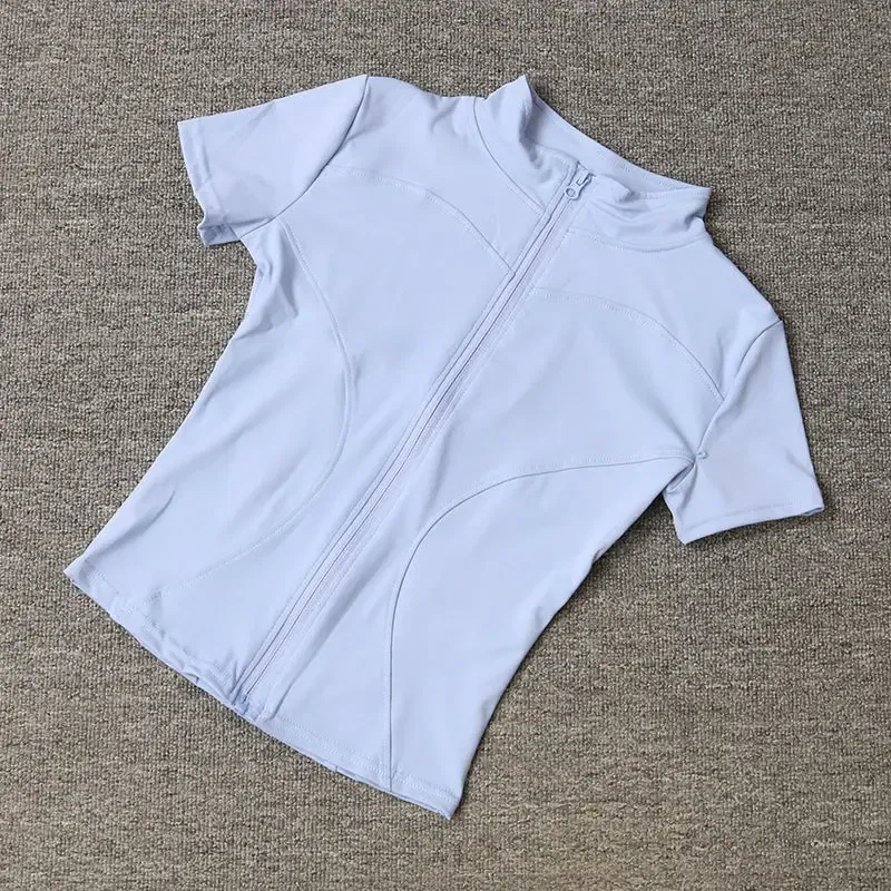 Color: Blue, Size: XL - Summer High Quality Waist Slimming Training Tops Women's Quick-drying Tight Stand Collar Full Zipper Short Sleeves Yoga shirts