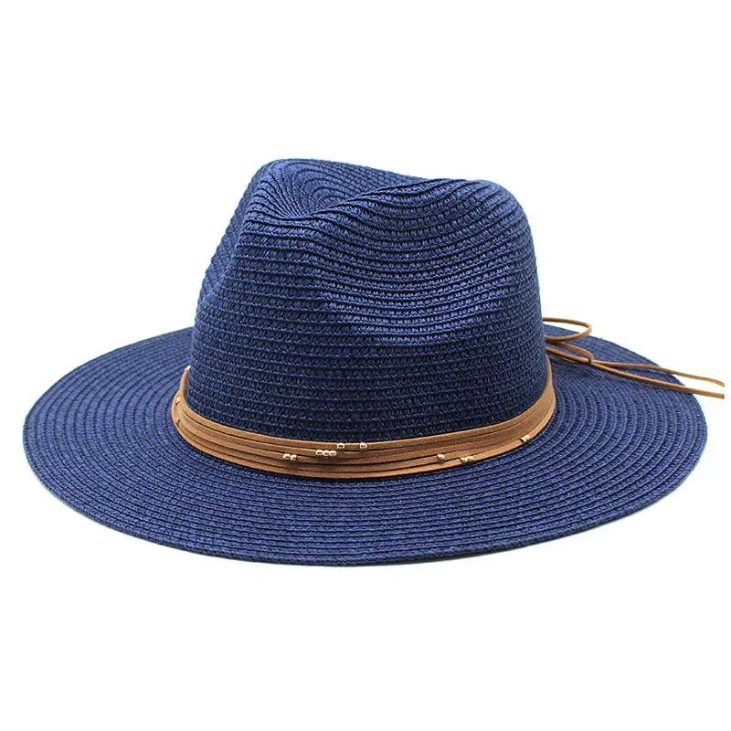 Color: Blue, Size: M - Big Size 60CM New Straw Hat 7cm Brim Summer Cooling Beach Sun Hat Outdoor Party Panama Jazz Hat Sombreros De Mujer