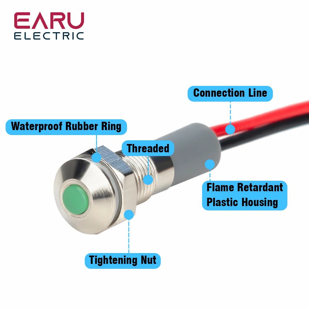Color: MULTI - 1PC IP65 6mm LED Waterproof Metal Indicator Light Signal Lamp With Wire 5V 12V 24V 220V Red/Yellow/Blue/Green/White Metal Button
