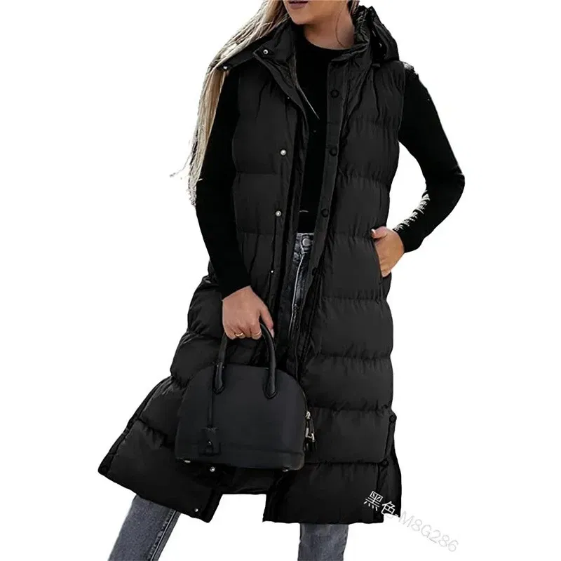 Color: black, Size: 5XL - Hooded Zipper Jacket Women Oversize Waistcoat Winter Outerwear Hooded Parka Fashion Quilted Vest Casual