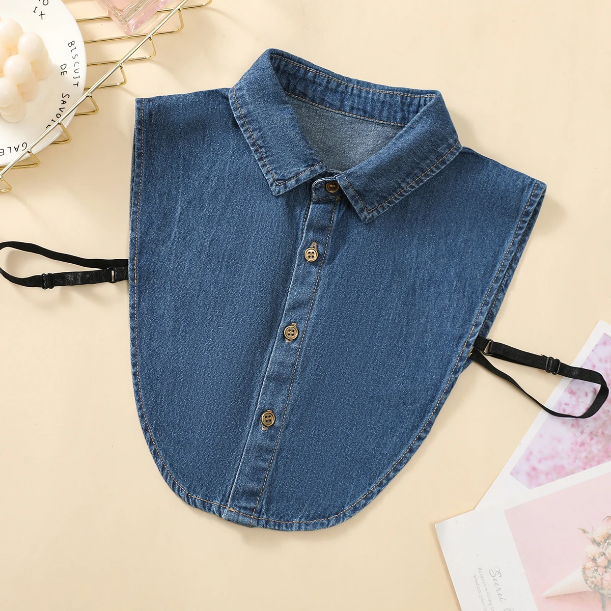 Color: ROYAL BLUE - Women's Blue Washed Denim Pointed Collar Fake Collar, Professional Casual Versatile Decoration Half Shirt Style Collar