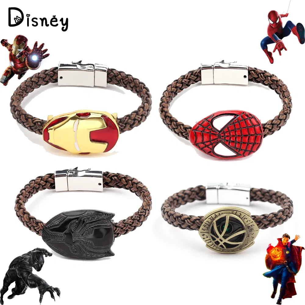 Metal Color: Light Yellow Gold Color, Ships From: CHINA - Marvel Superhero The Avengers Bracelet Iron Man Spiderman Mask Handmade Woven Leather Rope Bangle Charm Jewelry Accessory