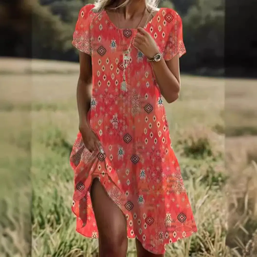 Color: Red, Size: L - Women Loose Ruffles Befree Dress Sexy Summer Short Sleeve Boho Casual Night Holiday Party Elegant Dresses