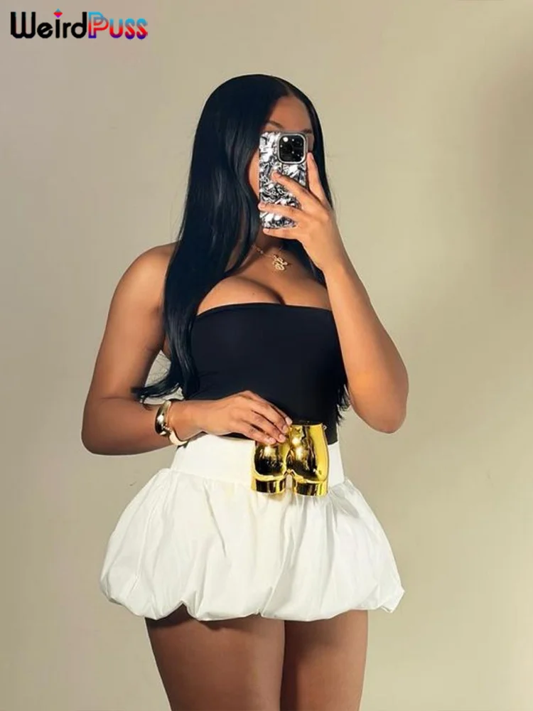 Color: WHITE, Size: M - Weird Puss Ball Gown Skirts Women Y2K Hottie 2024 Summer Trend Midnight Waistband Miniskirts Birthday Streetwear Wild Bottoms