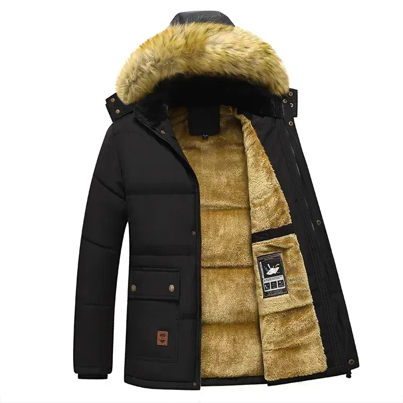 Color: black, Size: 5XL - 2024 New Men Winter Autumn Work Outwearing Parka Black Fleece Lined Thick Warm Hooded Fur Collar Coat Male Size 5XL Plush Jacket