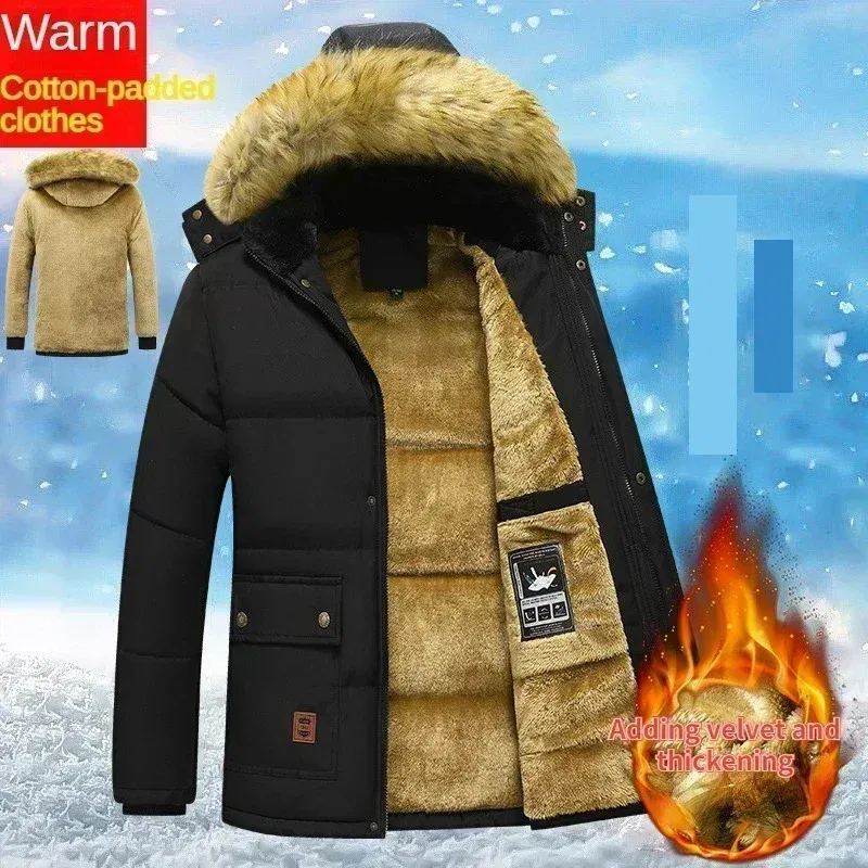Color: black, Size: 5XL - 2024 New Men Winter Autumn Work Outwearing Parka Black Fleece Lined Thick Warm Hooded Fur Collar Coat Male Size 5XL Plush Jacket