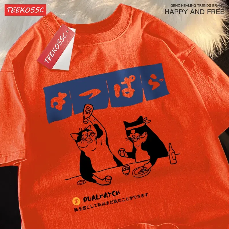 Color: Blue, Size: M - Harajuku Japanese Cat Drinking Tops Mens Fashion O-Neck T-Shirt Street Summer Oversized Clothing Hip Hop Sweat Cotton Tshirts
