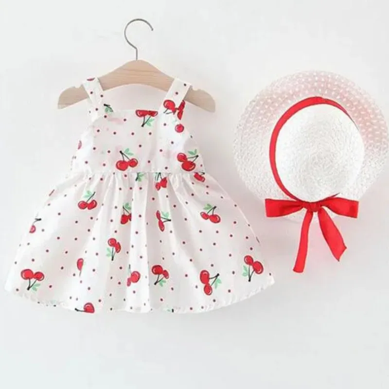 Color: Red, Kid Size: 12M - 1Pc Kids Girl Summer Sleeveless Dress Cute Print Bow Casual Dress with Straw Hat