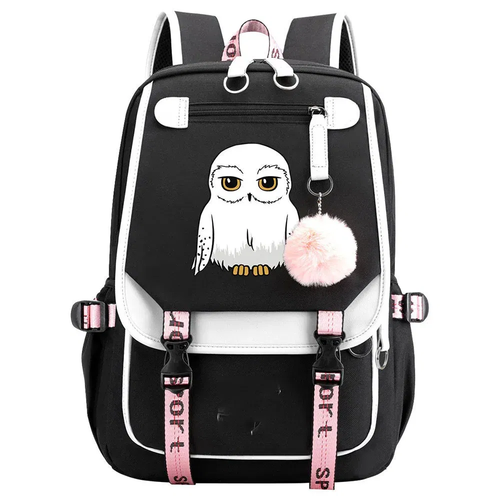 Color: Beige - Anime Hedwig Night Owl Backpack Nylon School Book Student Travel Bags Laptop Casual USB Port Messenger Bag