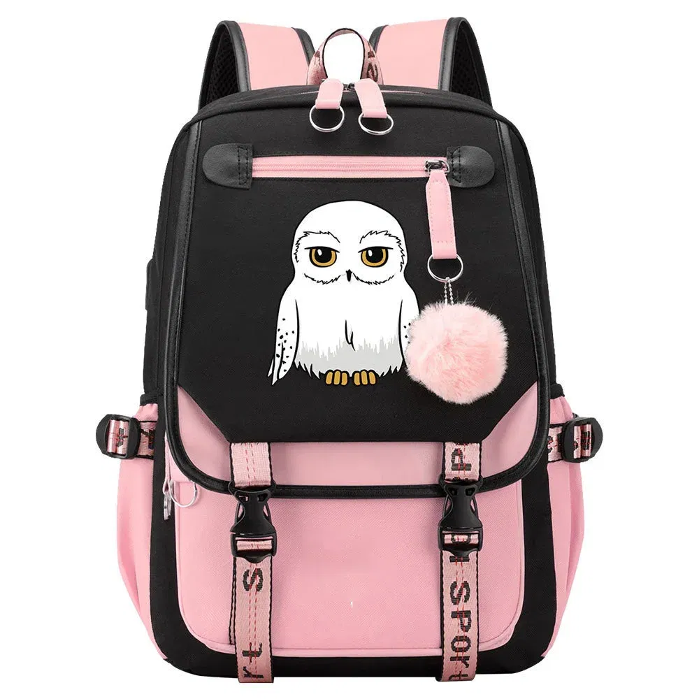 Color: Beige - Anime Hedwig Night Owl Backpack Nylon School Book Student Travel Bags Laptop Casual USB Port Messenger Bag