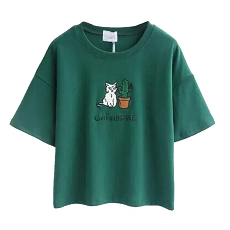 Color: GRAY, Size: M, Ships From: CHINA - 2021 Summer Cotton Short Sleeved Crop Top T-shirt Femme Embroidered Cat T Shirts Cartoon Women Fashion Cactus Top Tee T Shirt