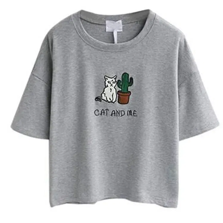 Color: GRAY, Size: M, Ships From: CHINA - 2021 Summer Cotton Short Sleeved Crop Top T-shirt Femme Embroidered Cat T Shirts Cartoon Women Fashion Cactus Top Tee T Shirt