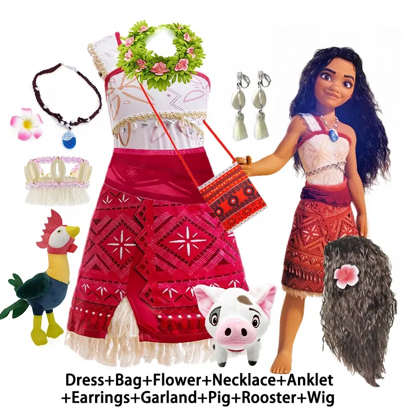 Color: army green, Kid Size: 15 - Disney Movie Moana 2 Girl Dress Cosplay Party Costume Ocean Adventure Princess Fancy Clothes Children Vaiana Outfit Dress