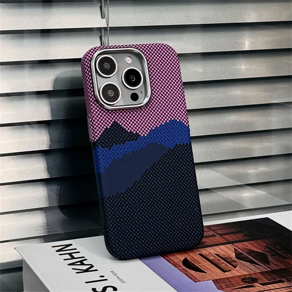 Color: Gold, Material: Microfiber - Luxury Alloy Lens 3D Relief Peak Carbon Fibre Pattern Case For iPhone 13 14 15 16 Pro Max Slim Shockproof PC Cover For Magsafe