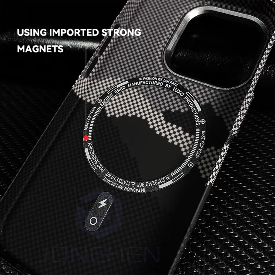 Color: Gold, Material: Microfiber - Luxury Alloy Lens 3D Relief Peak Carbon Fibre Pattern Case For iPhone 13 14 15 16 Pro Max Slim Shockproof PC Cover For Magsafe