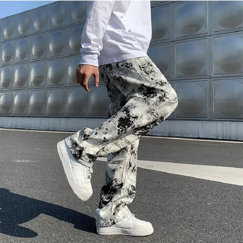Color: black, Size: XXL - Printed jeans Unisex Elastic waist Spring 2025 Mopping Trousers Jeans Mens Fashion Korean Style High Street Loose Hip Hop Pants
