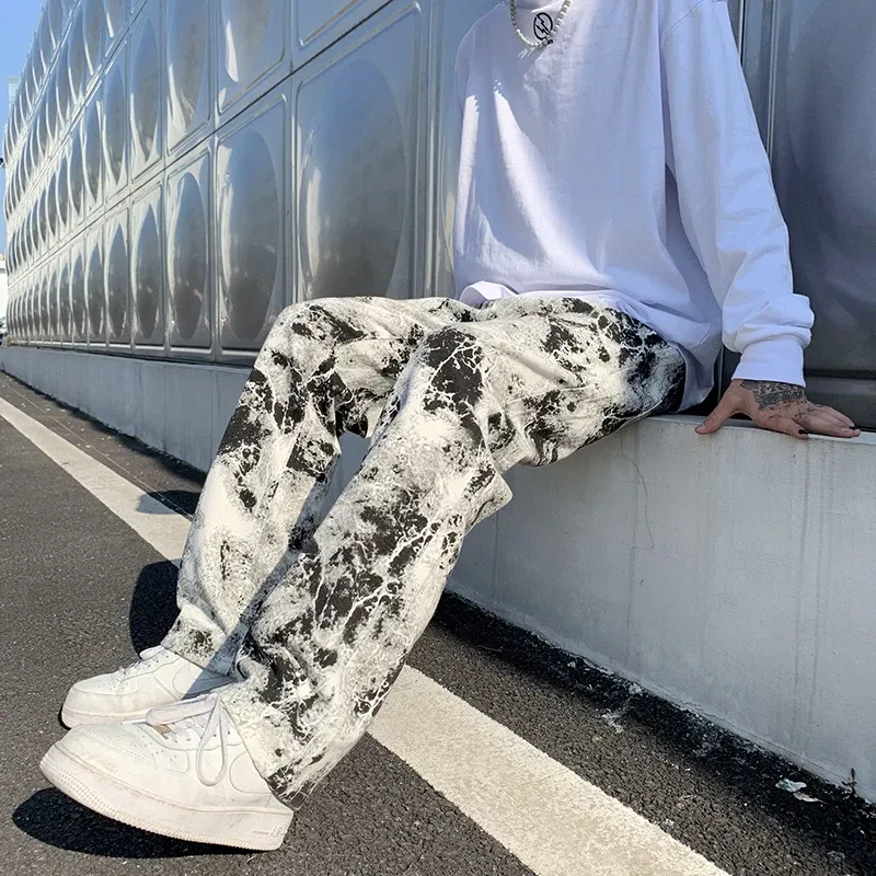 Color: black, Size: XXL - Printed jeans Unisex Elastic waist Spring 2025 Mopping Trousers Jeans Mens Fashion Korean Style High Street Loose Hip Hop Pants