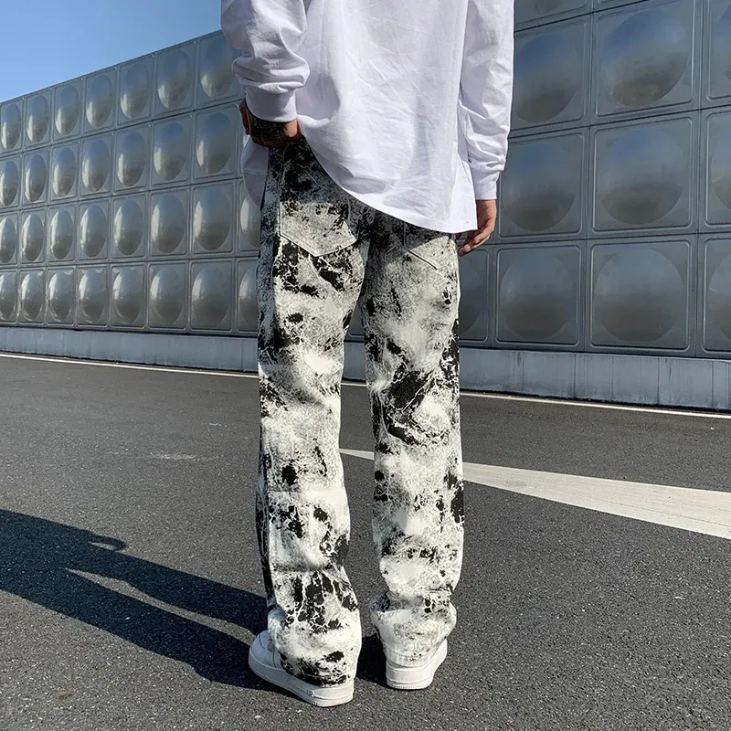 Color: black, Size: XXL - Printed jeans Unisex Elastic waist Spring 2025 Mopping Trousers Jeans Mens Fashion Korean Style High Street Loose Hip Hop Pants