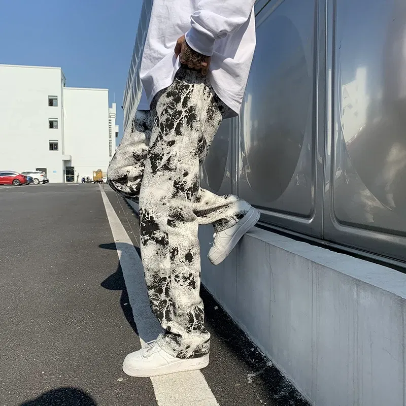 Color: black, Size: XXL - Printed jeans Unisex Elastic waist Spring 2025 Mopping Trousers Jeans Mens Fashion Korean Style High Street Loose Hip Hop Pants