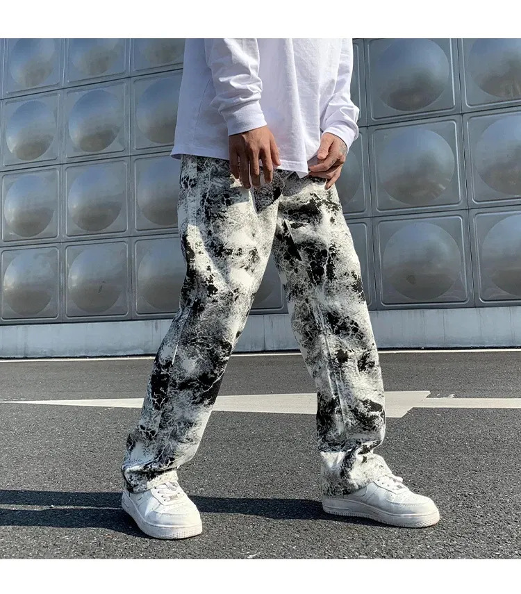 Color: black, Size: XXL - Printed jeans Unisex Elastic waist Spring 2025 Mopping Trousers Jeans Mens Fashion Korean Style High Street Loose Hip Hop Pants