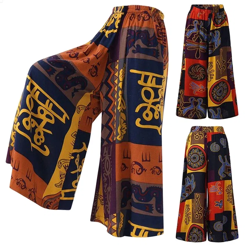 Color: Red, Size: XXL - Ethnic Style Wide Leg Trousers Women Yoga Harem Pants Gypsy Hippie Thai Boho Court Pants Ruched Waist Aladdin Women's Pants