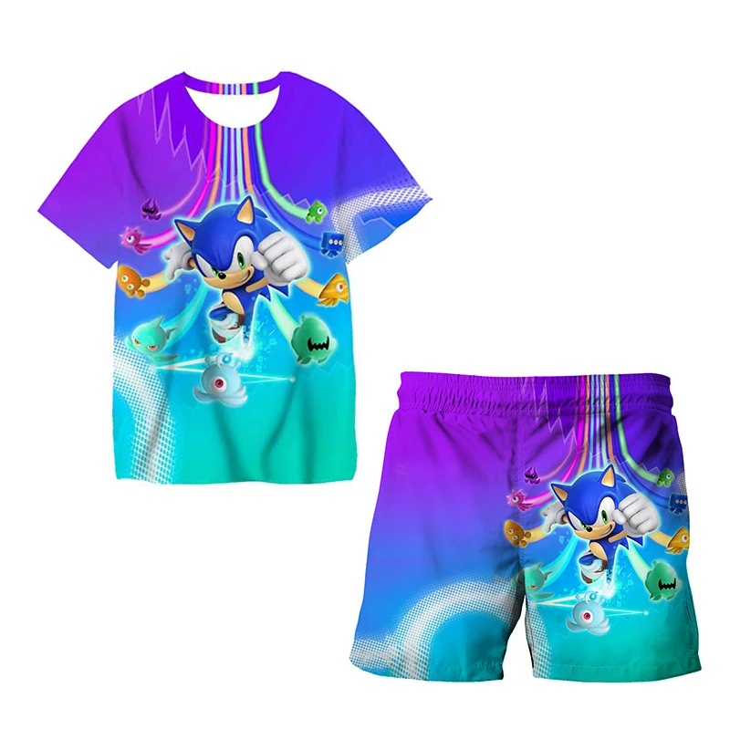 Color: GRAY, Size: 12" - New Japanese cartoon Sonic T-shirt children's top T-shirt shorts two-piece set summer boy cartoon cute T-shirt+beach pants