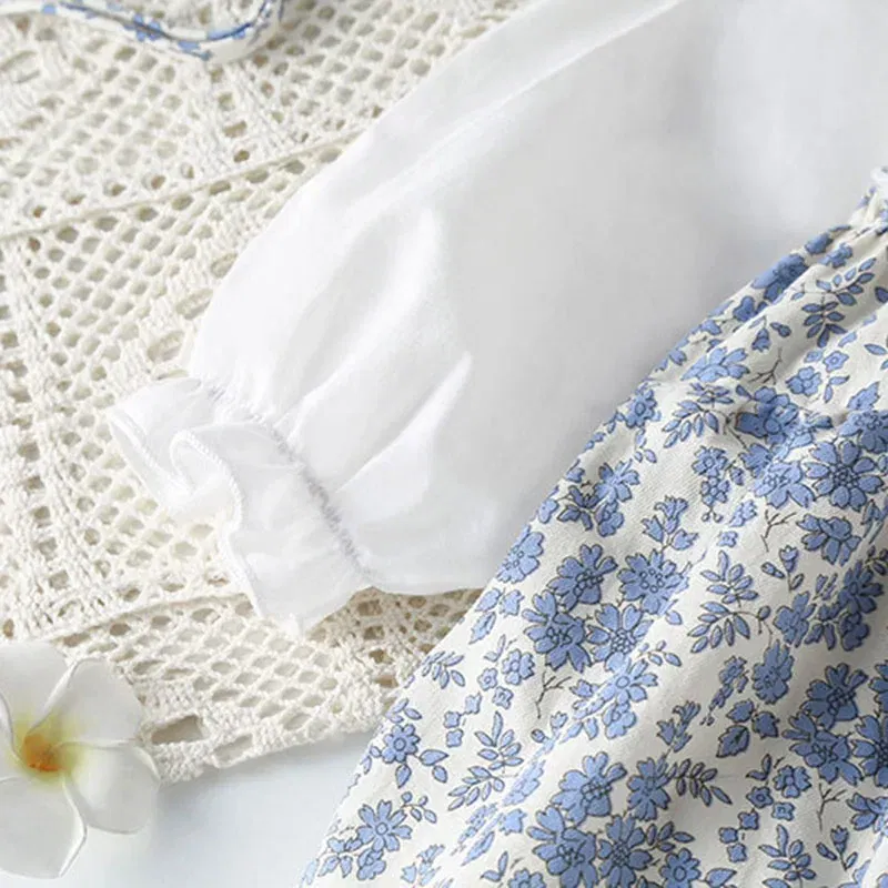 Color: Blue, Kid Size: 24M - Newborn Baby Girls Bodysuits+Hat Printing Stitching Cotton Long Sleeve Infant Baby Girls Jumpsuit Autumn Spring Baby Clothing