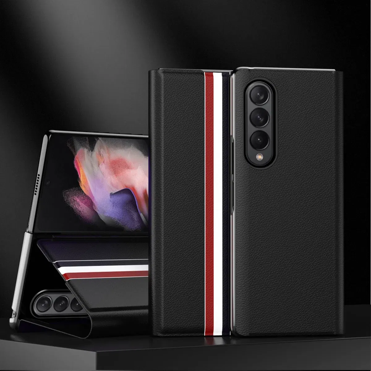 Color: black, Material: Denim - Leather Wallet Function Case for Samsung Galaxy Z Fold 6 5 3 2 fold6 fold5 Fold4 Fold 4 5G Fold3 Fold2 Full Protection Bag Cover