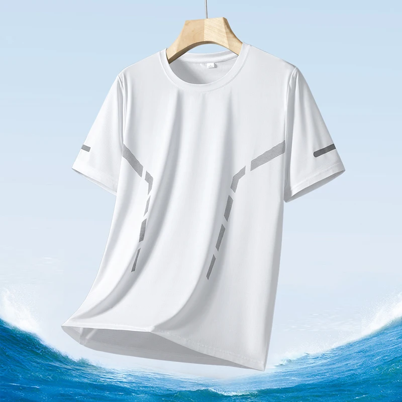 Color: Turquoise, Size: XL - Men's Silk Ice Round Collar T-shirt, Simple Running Fitness Suit, Breathable Thin T-shirt, Quick Dry T-shirt, Summer