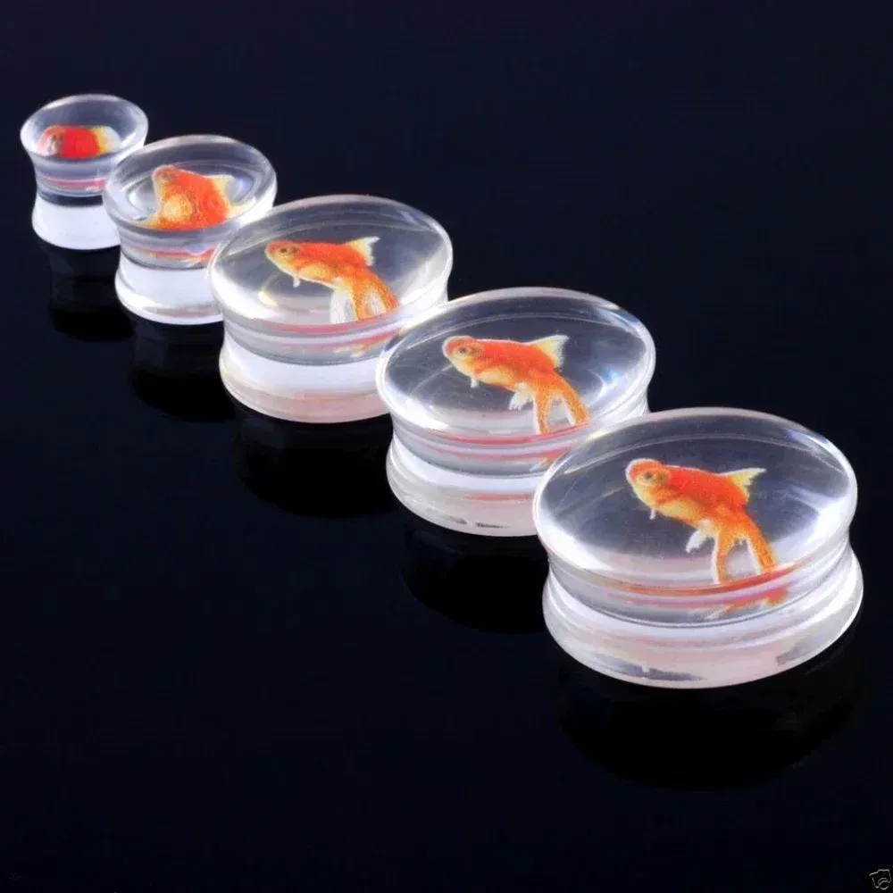 Metal color: Light Yellow Gold Color, Main Stone Color: Red - 2Pcs Acrylic Liquid Goldfish Ear Plug Double Flared Saddle Flesh Tunnel Gauge Stretcher 8mm-18mm