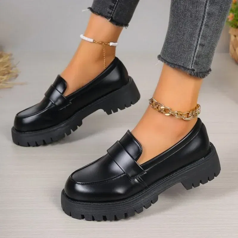 Color: black, Shoe Size: 39 - British Style Platform Loafers Women 2025 Plus Size Round Toe Single Shoes Woman Thick Bottom Pu Leather Shoes Mujer