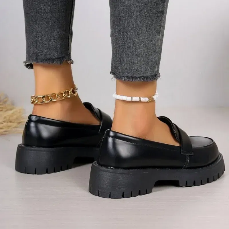 Color: black, Shoe Size: 39 - British Style Platform Loafers Women 2025 Plus Size Round Toe Single Shoes Woman Thick Bottom Pu Leather Shoes Mujer