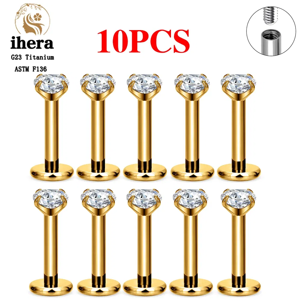 Metal color: Rhodium Plated, Ships From: CHINA, Main Stone Color: Gold - 10PCS G23 Titanium Labret Piercing Lip Ring 16G F136 Internal Thread Nose Stud Earring Tragus Helix Cartilage Piercing Jewelry