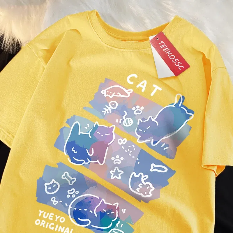 Color: black, Size: S - Fun Mischievous Cat Print Japanese Style T-Shirts Men Women Fashion Tshirs Breathable Summer T-Shirts Cotton Loose Tee Clothes