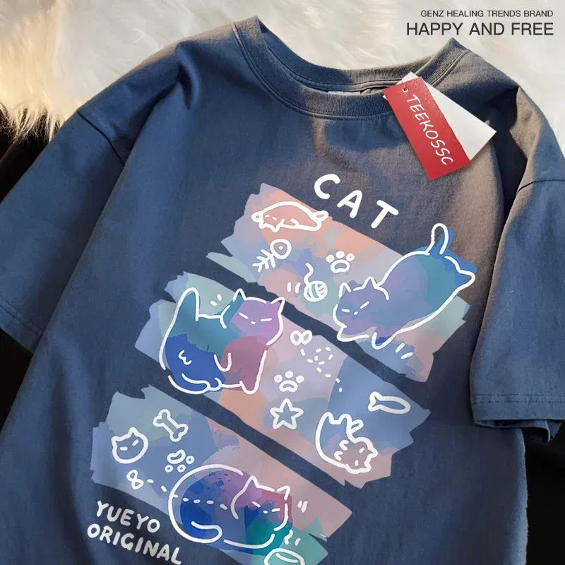 Color: black, Size: S - Fun Mischievous Cat Print Japanese Style T-Shirts Men Women Fashion Tshirs Breathable Summer T-Shirts Cotton Loose Tee Clothes