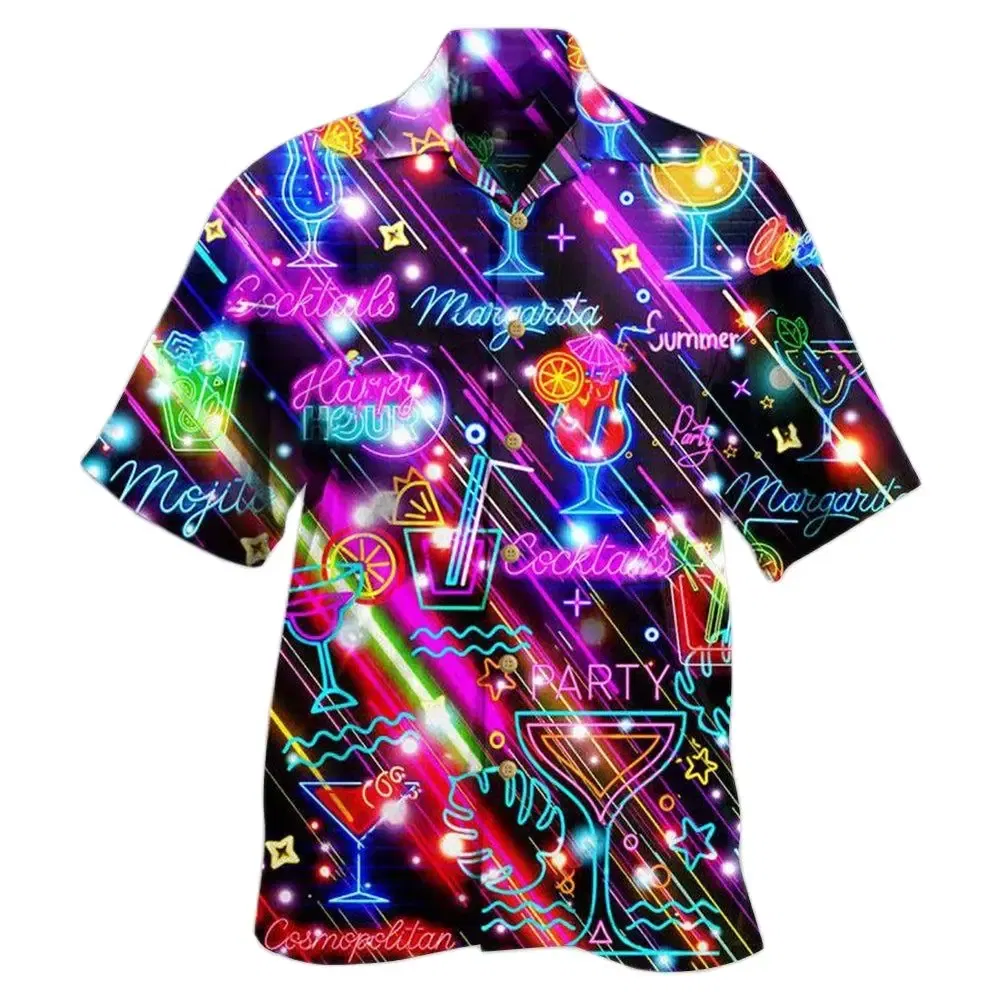 Color: SKY BLUE, Size: S - 2023 Men's Hawaiian Shirts Party Beer Harajuku Oversized Shirt Fashion Printed Short-sleeved Beach Top Tee Men's Clothing Camisa