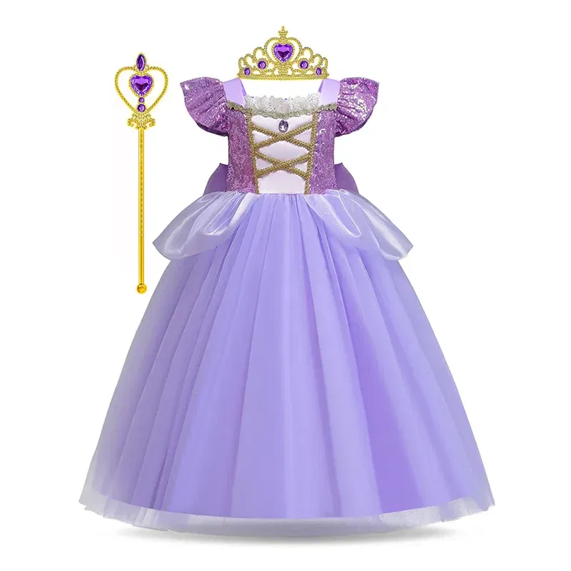 Color: SKY BLUE, Kid Size: 9 - Disney Deluxe Elegant Rapunzel Princess Ball Gown Fancy Birthday Party Dress Cinderella Vestidos Costume Play Carnival Apparel