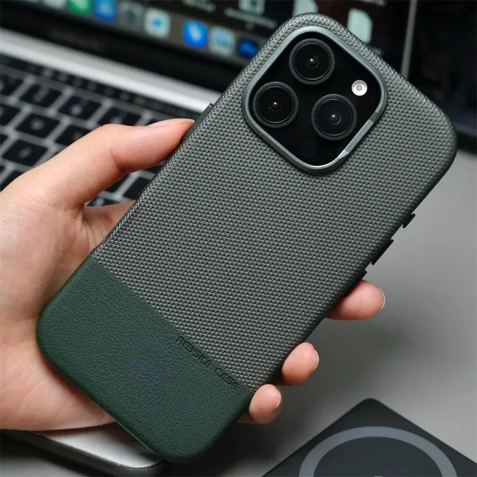 Color: Beige, Material: Vinyl - Luxury Hit Color Wireless Charge For MagSafe Premium Leather Case For iPhone 16 Plus 15 14 13 Pro Max Alloy Len Shockproof Cover