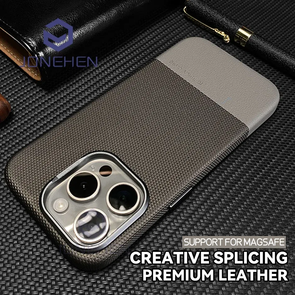 Color: Beige, Material: Vinyl - Luxury Hit Color Wireless Charge For MagSafe Premium Leather Case For iPhone 16 Plus 15 14 13 Pro Max Alloy Len Shockproof Cover