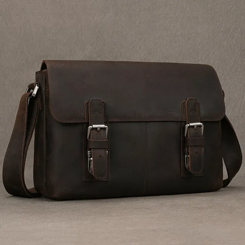 Color: Orange - Top Layer Cowhide Crazy Horse Leather 9.7 "iPad Leather Shoulder Bag Crossbody Handbag For Men Male Messenger Bag