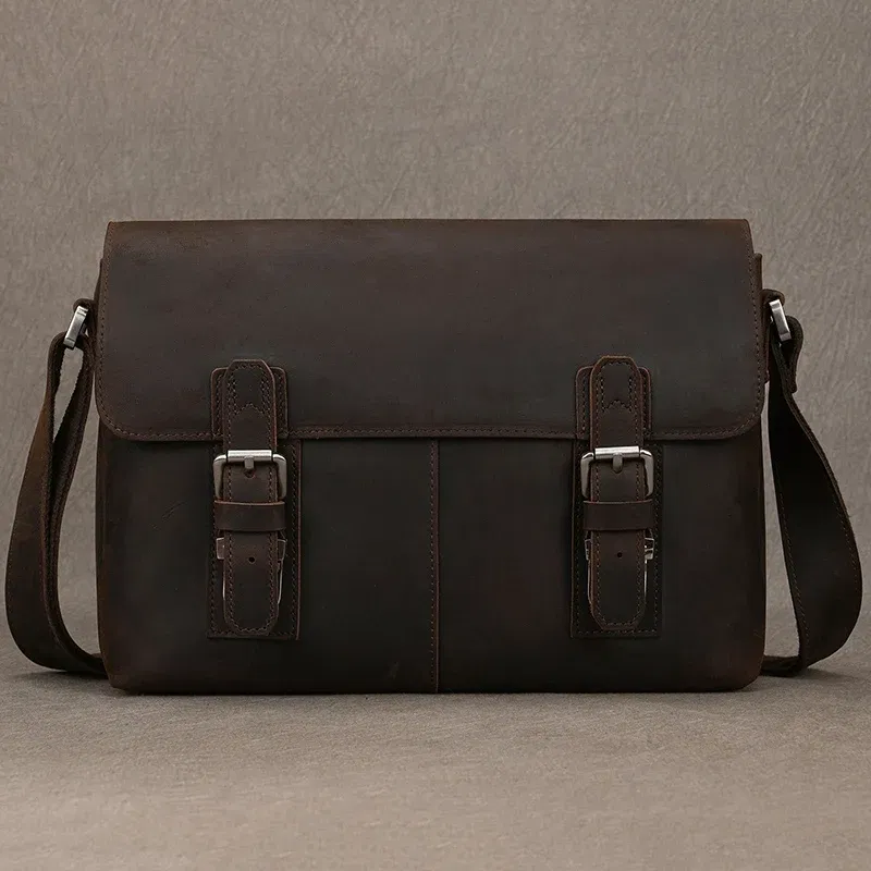 Color: Orange - Top Layer Cowhide Crazy Horse Leather 9.7 "iPad Leather Shoulder Bag Crossbody Handbag For Men Male Messenger Bag
