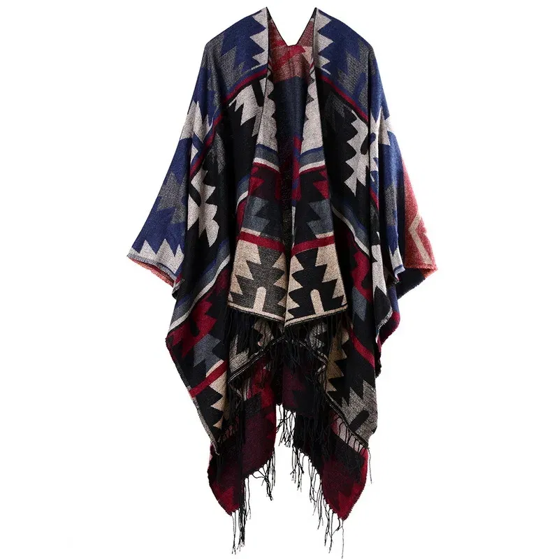 Color: Khaki, Size: One Size - European American Popular Tassel Thickened Cashmere Like National Style Travel Fork Shawl Scarf in autumn Ponchos Capes P9
