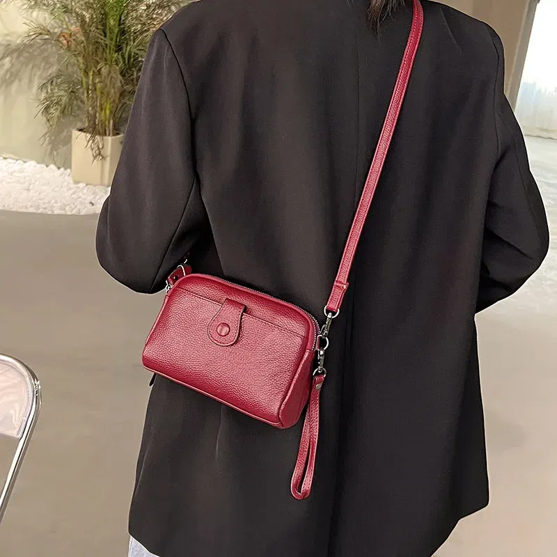 Color: Beige - Women Genuine Leather Shoulder Bag New Casual Female Small Crossbody Bags For Women Bag Cell Phone Bag Day Clutches