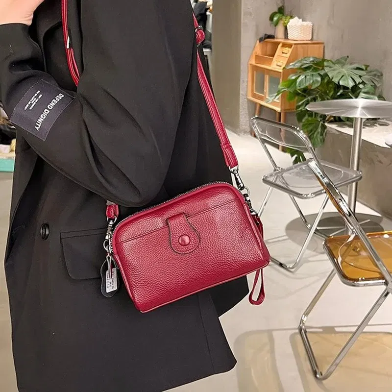 Color: Beige - Women Genuine Leather Shoulder Bag New Casual Female Small Crossbody Bags For Women Bag Cell Phone Bag Day Clutches