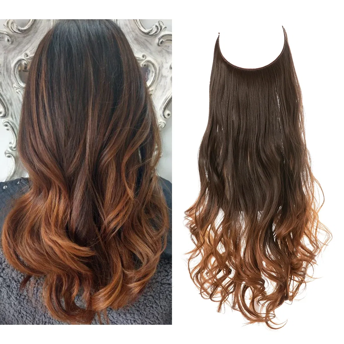 Color: #35, Stretched Length: 16inches - Synthetic No Clip Wave Hair Extensions Ombre Natural Black Blonde Pink One Piece False Hairpiece Fish Line Fake Hair Piece
