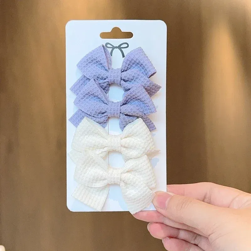 Color: GRAY - 4PCS Soft Cotton Bow Hairpin Girl Sweet Plaid Design Hairpin Color Block Delicate Hairgripe Barrettes Kawaii Child Accessories